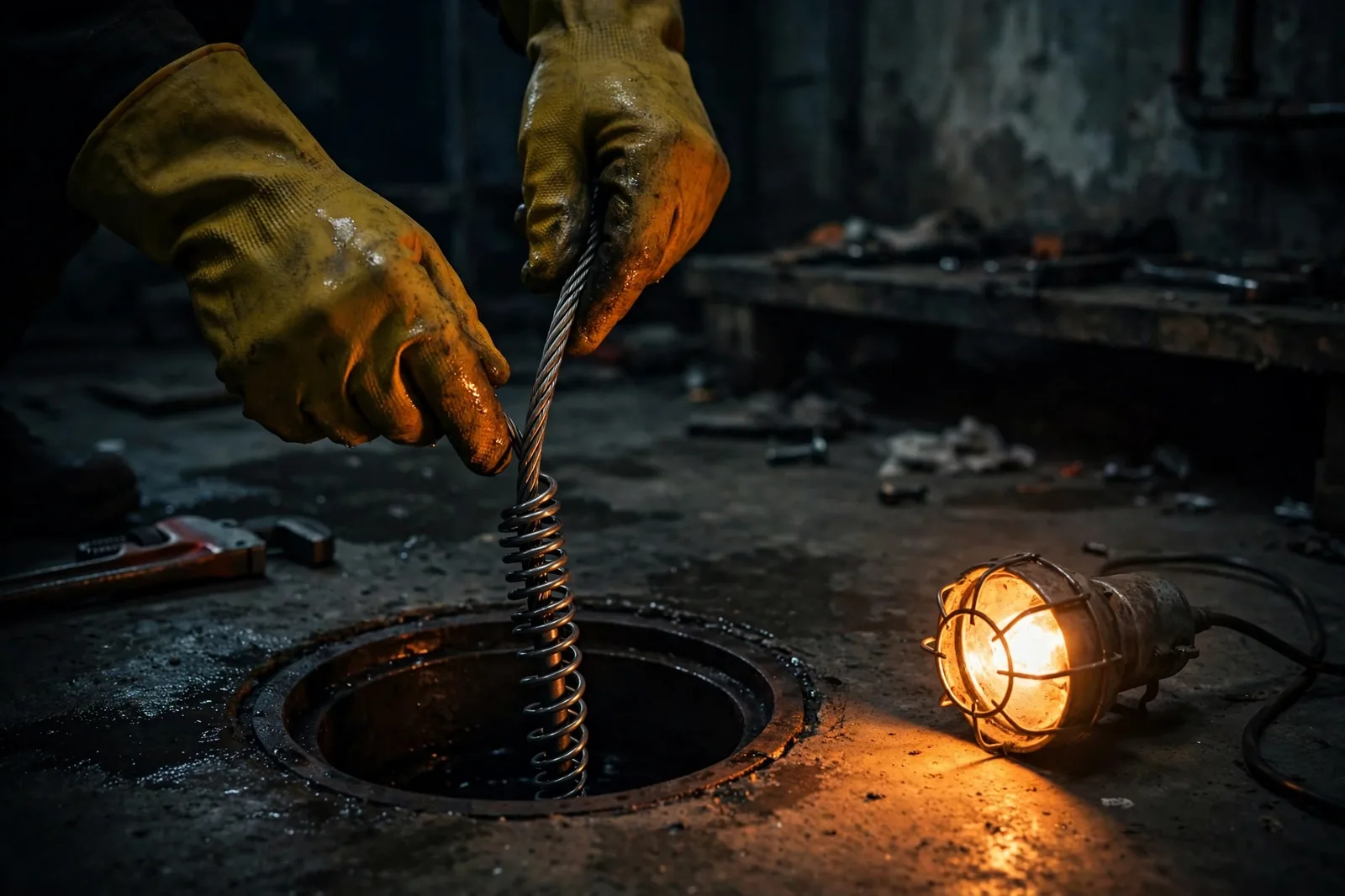 Plumber feeding a steel auger cable into a floor drain under amber worklight