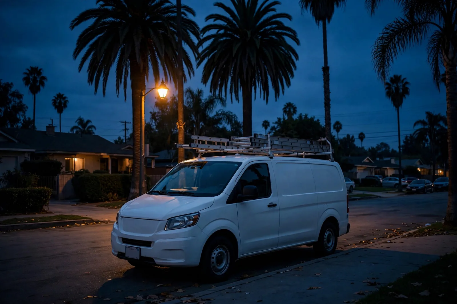 Work van on a Los Angeles street at dusk